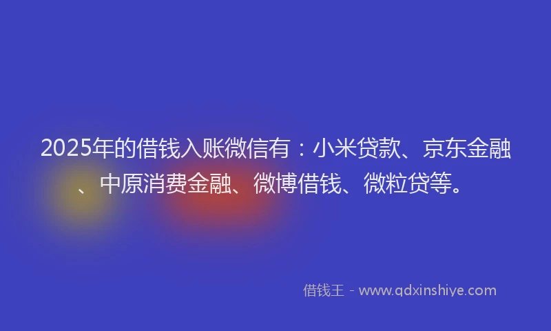2025年的借钱入账微信有：小米贷款、京东金融、中原消费金融、微博借钱、微粒贷等。