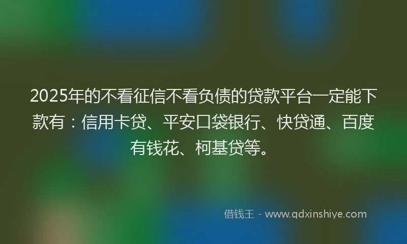 2025年的不看征信不看负债的贷款平台一定能下款有：信用卡贷、平安口袋银行、快贷通、百度有钱花、柯基贷等。