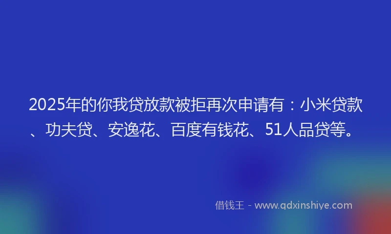 2025年的你我贷放款被拒再次申请有：小米贷款、功夫贷、安逸花、百度有钱花、51人品贷等。
