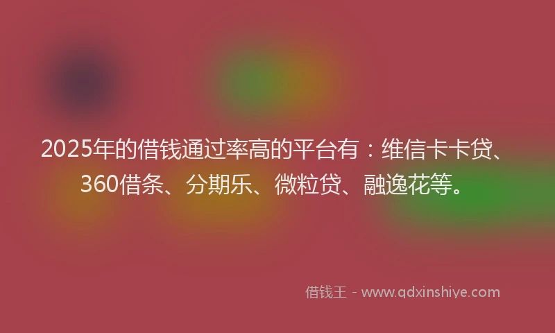 2025年的借钱通过率高的平台有：维信卡卡贷、360借条、分期乐、微粒贷、融逸花等。
