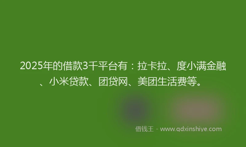 2025年的借款3千平台有：拉卡拉、度小满金融、小米贷款、团贷网、美团生活费等。