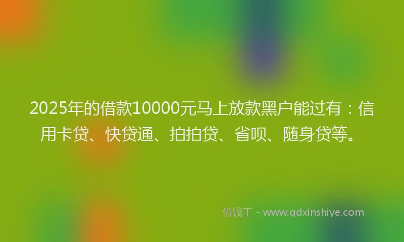 2025年的借款10000元马上放款黑户能过有：信用卡贷、快贷通、拍拍贷、省呗、随身贷等。