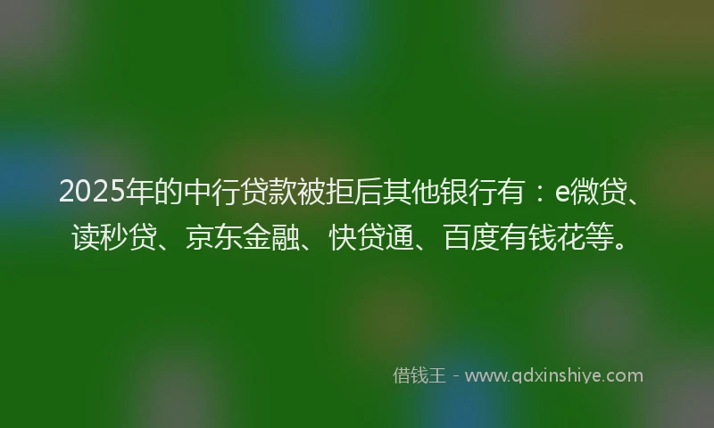 2025年的中行贷款被拒后其他银行有：e微贷、读秒贷、京东金融、快贷通、百度有钱花等。