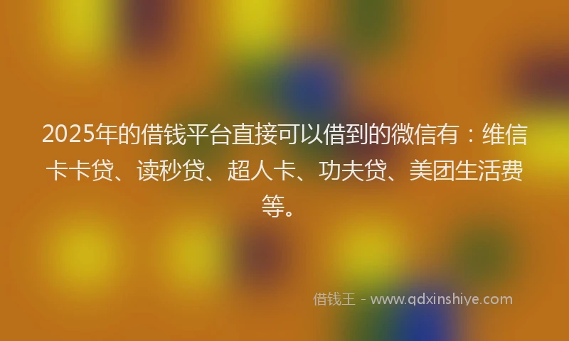 2025年的借钱平台直接可以借到的微信有：维信卡卡贷、读秒贷、超人卡、功夫贷、美团生活费等。