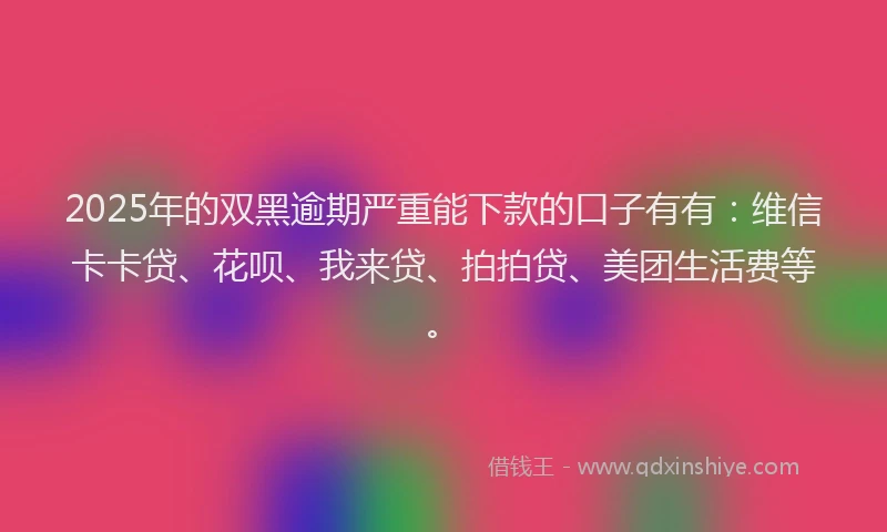2025年的双黑逾期严重能下款的口子有有：维信卡卡贷、花呗、我来贷、拍拍贷、美团生活费等。