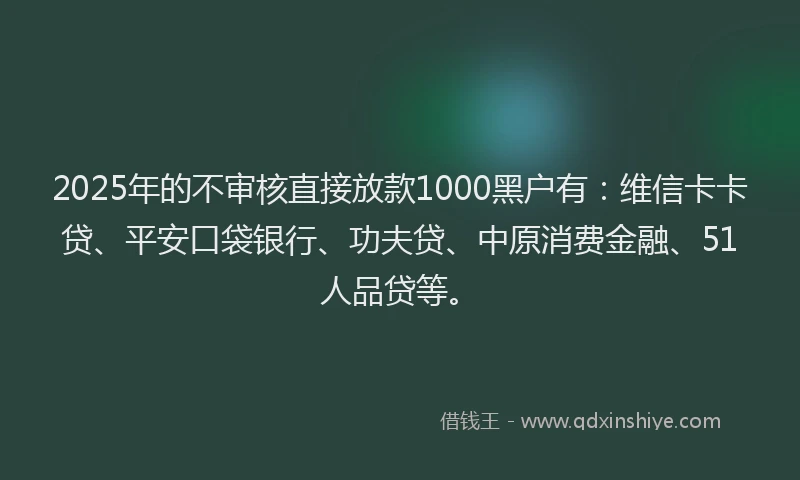 2025年的不审核直接放款1000黑户有：维信卡卡贷、平安口袋银行、功夫贷、中原消费金融、51人品贷等。