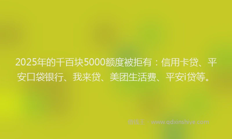 2025年的千百块5000额度被拒有：信用卡贷、平安口袋银行、我来贷、美团生活费、平安i贷等。