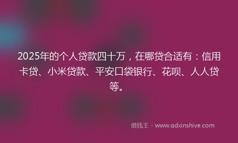 2025年的个人贷款四十万，在哪贷合适有：信用卡贷、小米贷款、平安口袋银行、花呗、人人贷等。