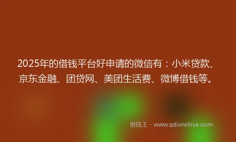 2025年的借钱平台好申请的微信有：小米贷款、京东金融、团贷网、美团生活费、微博借钱等。