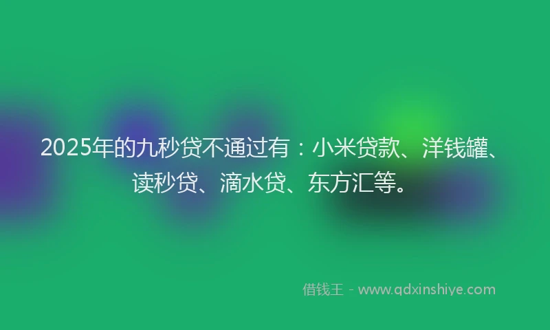 2025年的九秒贷不通过有：小米贷款、洋钱罐、读秒贷、滴水贷、东方汇等。