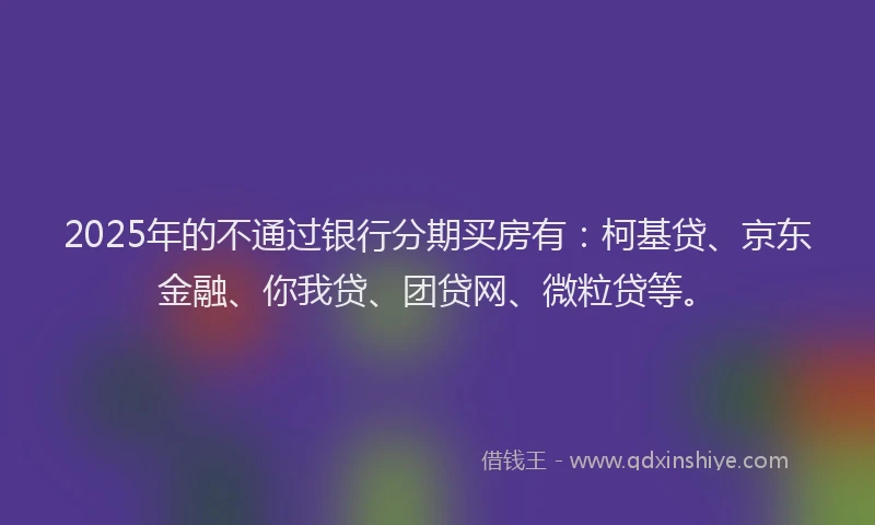 2025年的不通过银行分期买房有：柯基贷、京东金融、你我贷、团贷网、微粒贷等。