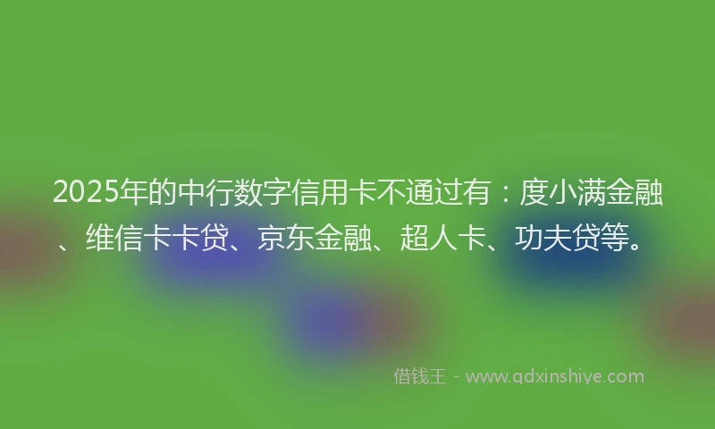 2025年的中行数字信用卡不通过有：度小满金融、维信卡卡贷、京东金融、超人卡、功夫贷等。