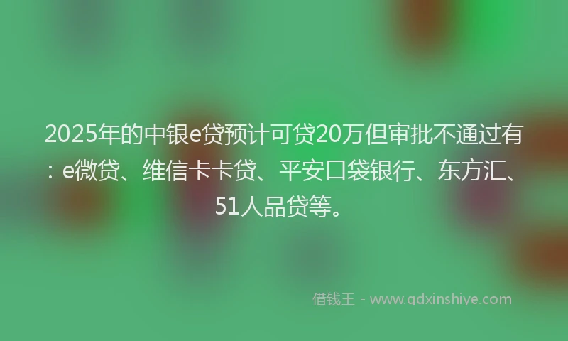2025年的中银e贷预计可贷20万但审批不通过有：e微贷、维信卡卡贷、平安口袋银行、东方汇、51人品贷等。