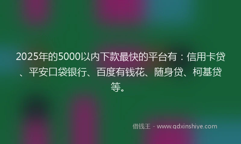 2025年的5000以内下款最快的平台有：信用卡贷、平安口袋银行、百度有钱花、随身贷、柯基贷等。