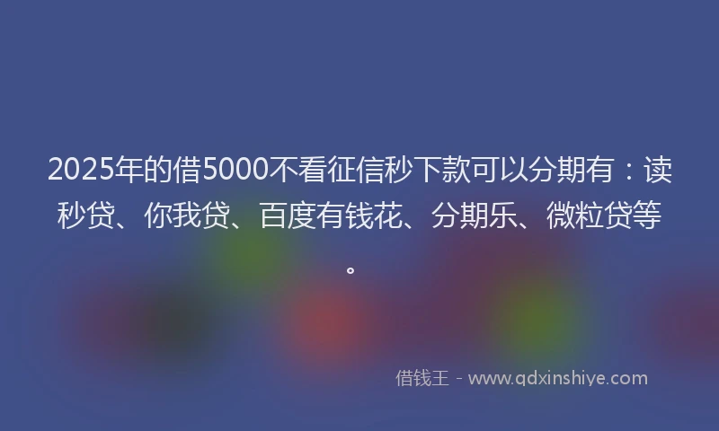 2025年的借5000不看征信秒下款可以分期有：读秒贷、你我贷、百度有钱花、分期乐、微粒贷等。