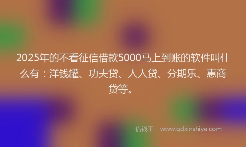 2025年的不看征信借款5000马上到账的软件叫什么有：洋钱罐、功夫贷、人人贷、分期乐、惠商贷等。