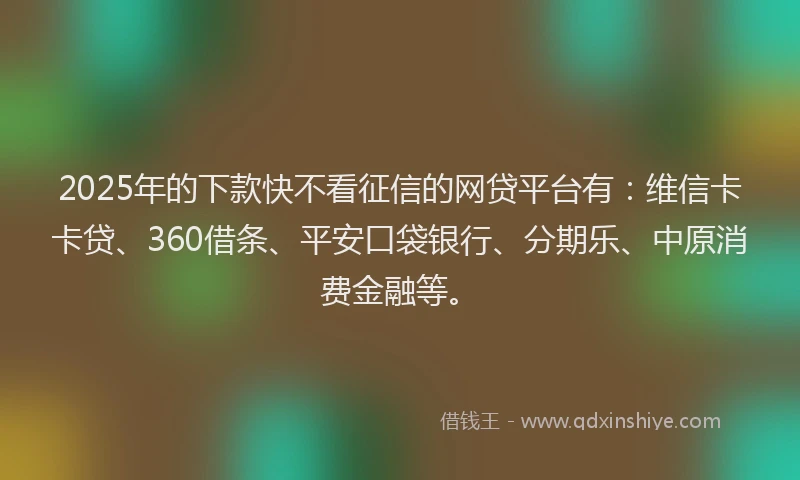 2025年的下款快不看征信的网贷平台有：维信卡卡贷、360借条、平安口袋银行、分期乐、中原消费金融等。