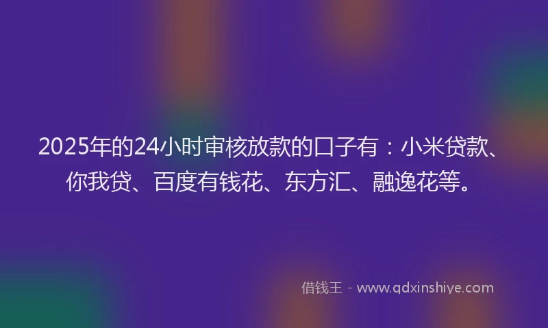 2025年的24小时审核放款的口子有：小米贷款、你我贷、百度有钱花、东方汇、融逸花等。