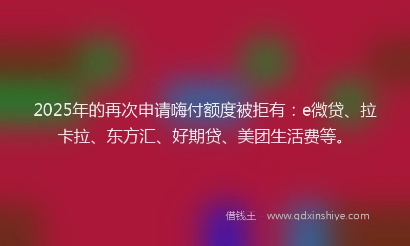 2025年的再次申请嗨付额度被拒有：e微贷、拉卡拉、东方汇、好期贷、美团生活费等。