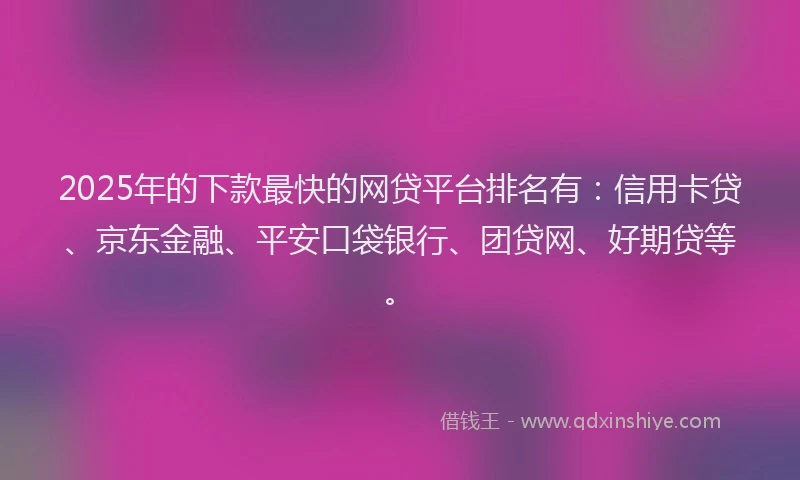 2025年的下款最快的网贷平台排名有：信用卡贷、京东金融、平安口袋银行、团贷网、好期贷等。