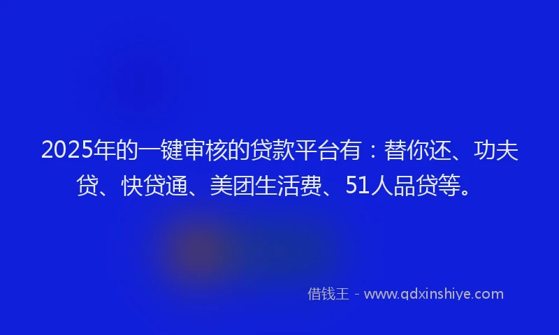 2025年的一键审核的贷款平台有：替你还、功夫贷、快贷通、美团生活费、51人品贷等。