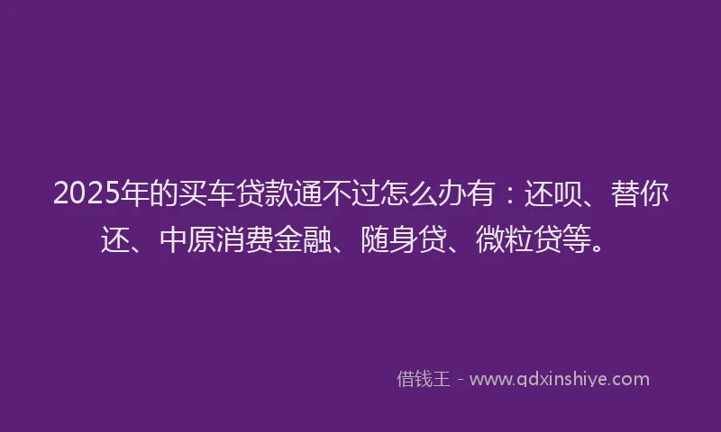 2025年的买车贷款通不过怎么办有：还呗、替你还、中原消费金融、随身贷、微粒贷等。