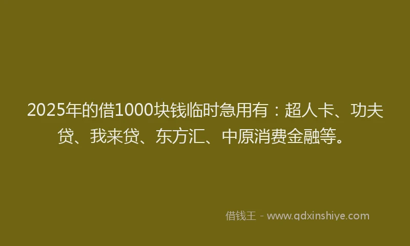 2025年的借1000块钱临时急用有：超人卡、功夫贷、我来贷、东方汇、中原消费金融等。