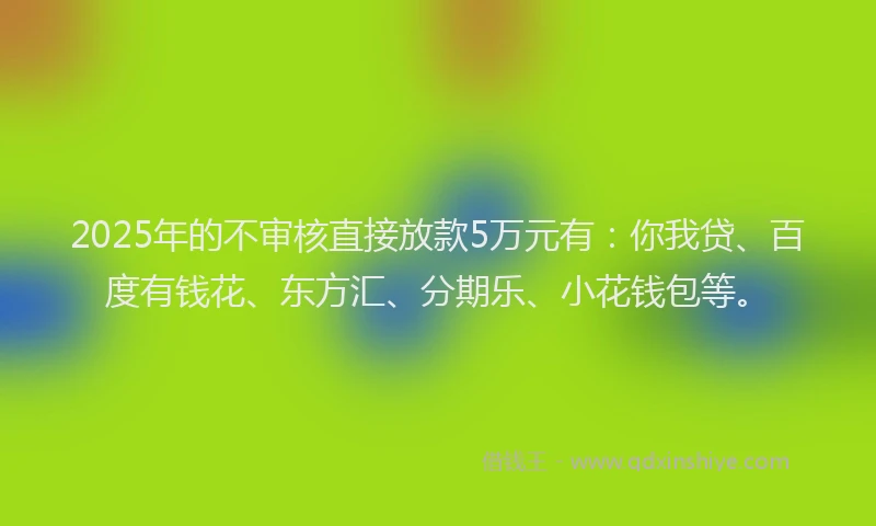 2025年的不审核直接放款5万元有：你我贷、百度有钱花、东方汇、分期乐、小花钱包等。