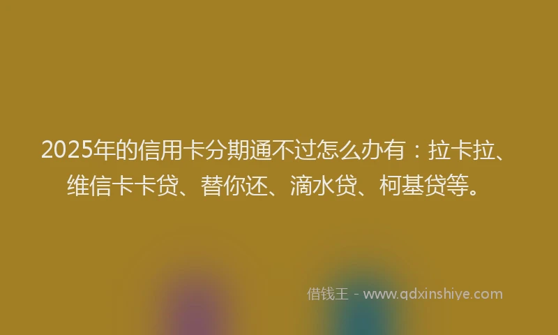 2025年的信用卡分期通不过怎么办有：拉卡拉、维信卡卡贷、替你还、滴水贷、柯基贷等。