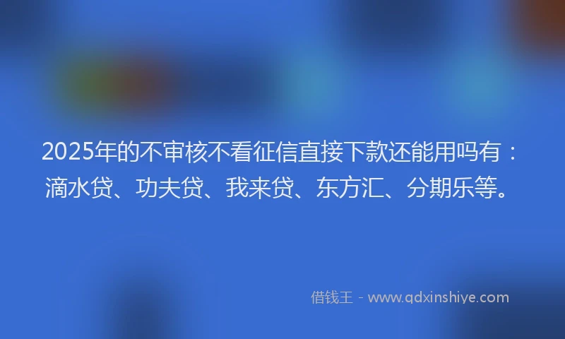 2025年的不审核不看征信直接下款还能用吗有：滴水贷、功夫贷、我来贷、东方汇、分期乐等。