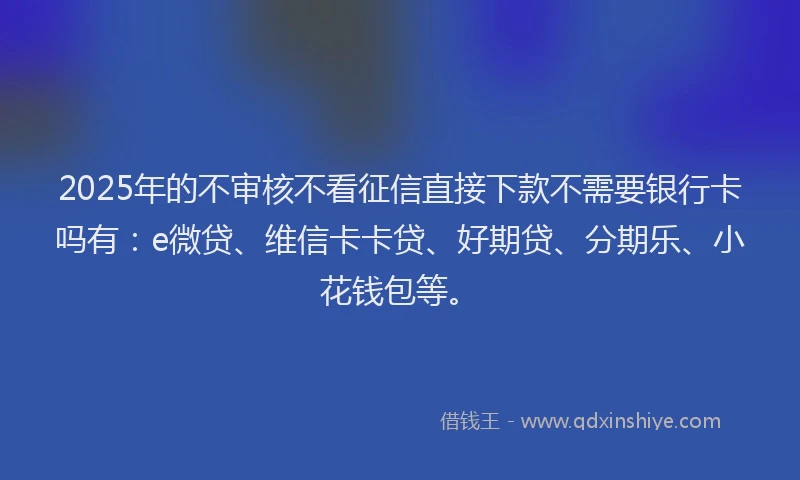 2025年的不审核不看征信直接下款不需要银行卡吗有：e微贷、维信卡卡贷、好期贷、分期乐、小花钱包等。