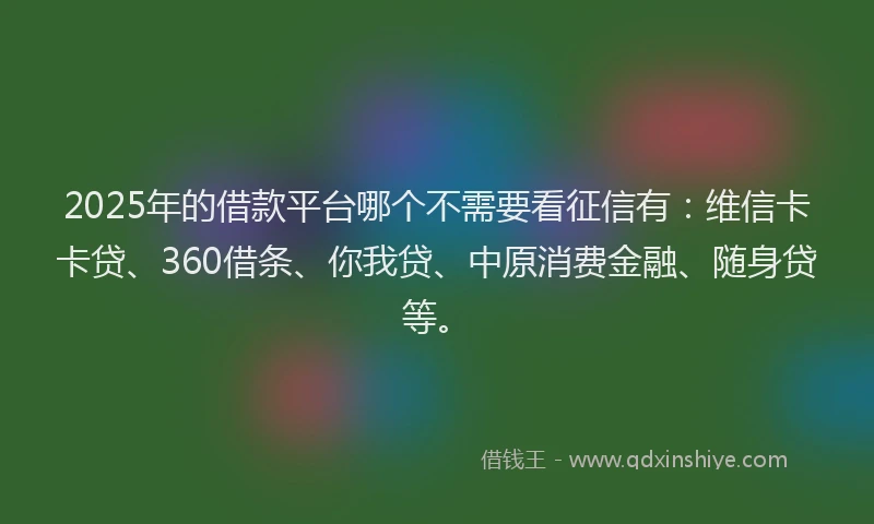 2025年的借款平台哪个不需要看征信有：维信卡卡贷、360借条、你我贷、中原消费金融、随身贷等。