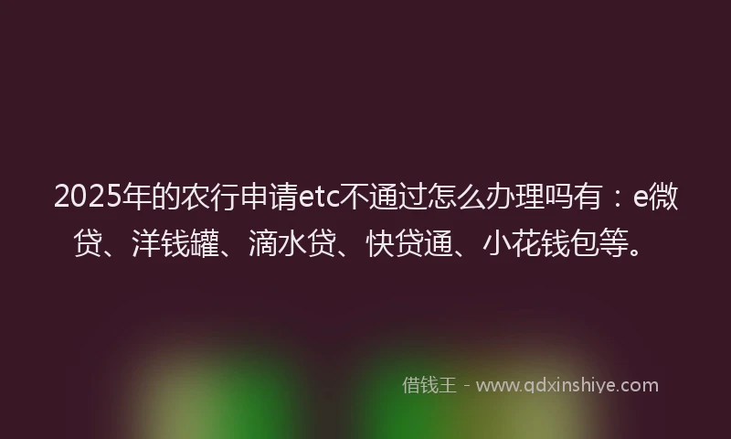 2025年的农行申请etc不通过怎么办理吗有：e微贷、洋钱罐、滴水贷、快贷通、小花钱包等。