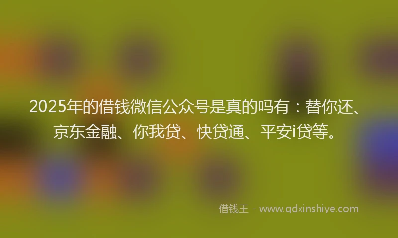 2025年的借钱微信公众号是真的吗有：替你还、京东金融、你我贷、快贷通、平安i贷等。