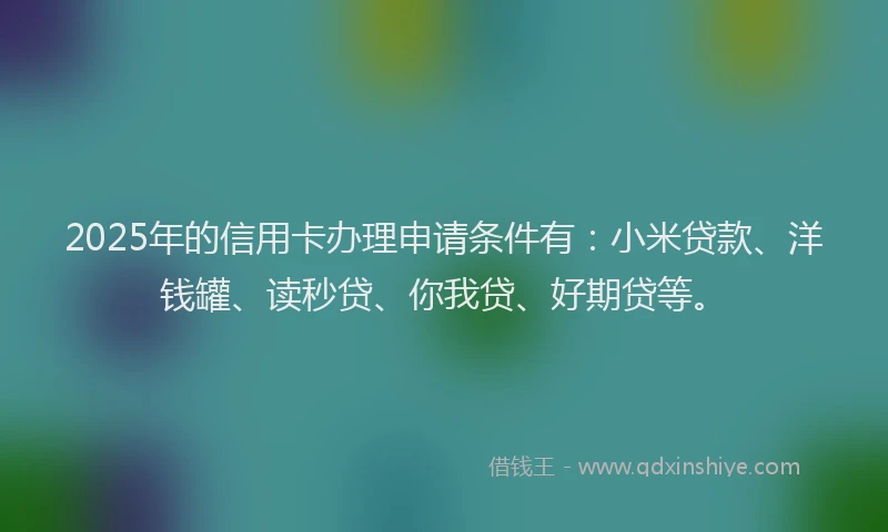 2025年的信用卡办理申请条件有：小米贷款、洋钱罐、读秒贷、你我贷、好期贷等。