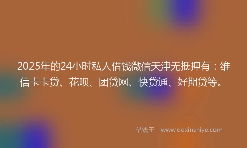 2025年的24小时私人借钱微信天津无抵押有：维信卡卡贷、花呗、团贷网、快贷通、好期贷等。