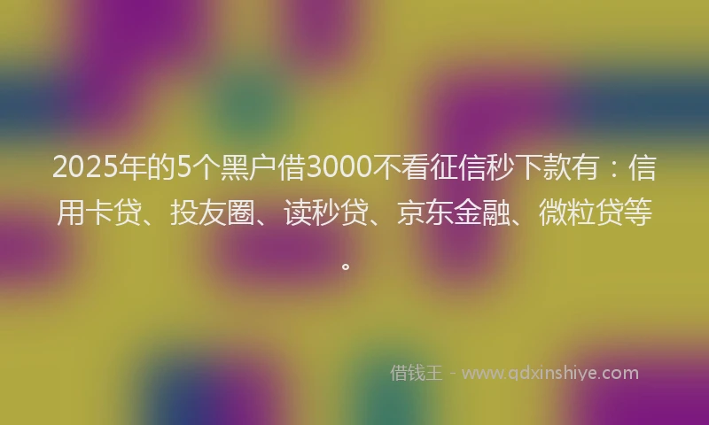 2025年的5个黑户借3000不看征信秒下款有：信用卡贷、投友圈、读秒贷、京东金融、微粒贷等。