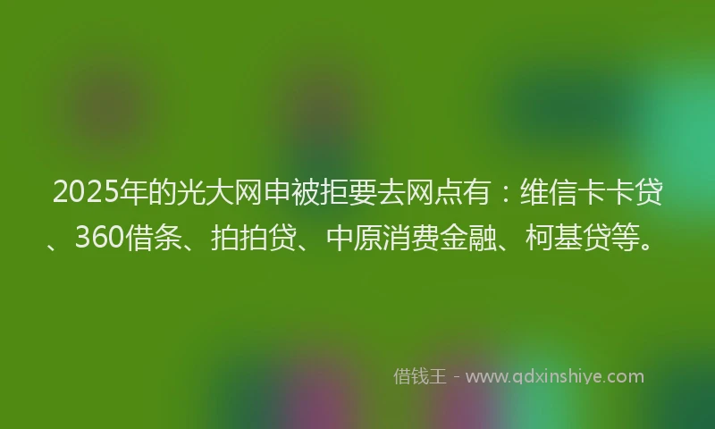2025年的光大网申被拒要去网点有：维信卡卡贷、360借条、拍拍贷、中原消费金融、柯基贷等。