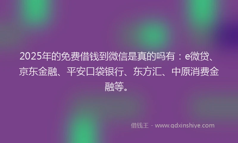 2025年的免费借钱到微信是真的吗有：e微贷、京东金融、平安口袋银行、东方汇、中原消费金融等。