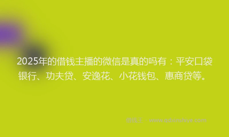 2025年的借钱主播的微信是真的吗有：平安口袋银行、功夫贷、安逸花、小花钱包、惠商贷等。