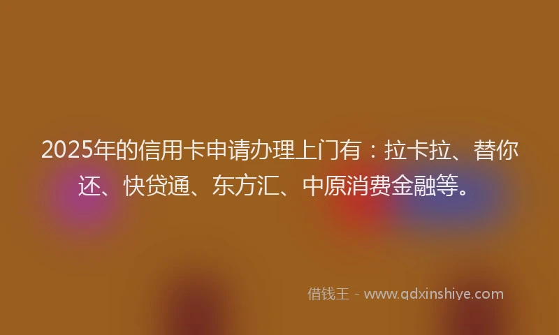 2025年的信用卡申请办理上门有：拉卡拉、替你还、快贷通、东方汇、中原消费金融等。