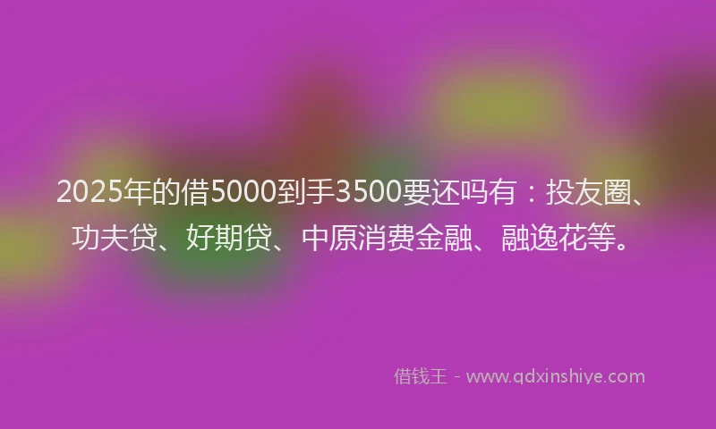 2025年的借5000到手3500要还吗有：投友圈、功夫贷、好期贷、中原消费金融、融逸花等。