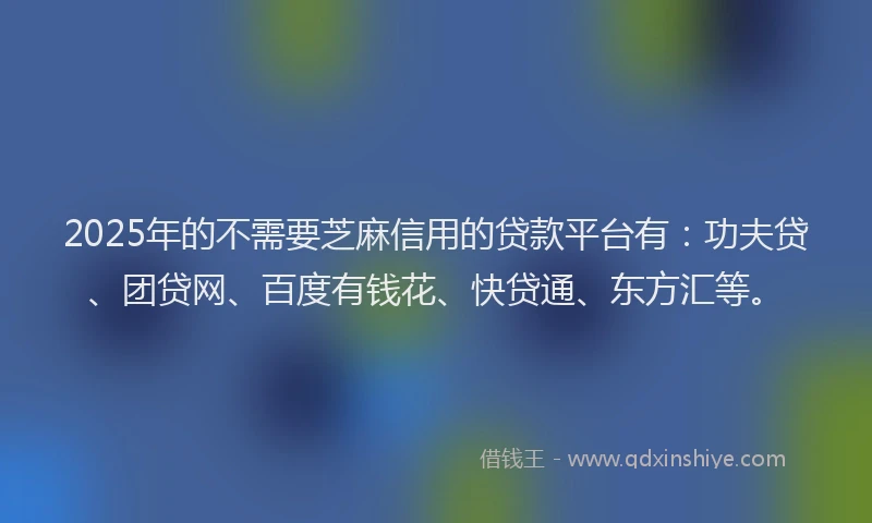2025年的不需要芝麻信用的贷款平台有：功夫贷、团贷网、百度有钱花、快贷通、东方汇等。