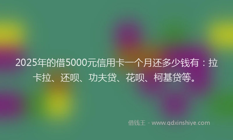 2025年的借5000元信用卡一个月还多少钱有：拉卡拉、还呗、功夫贷、花呗、柯基贷等。