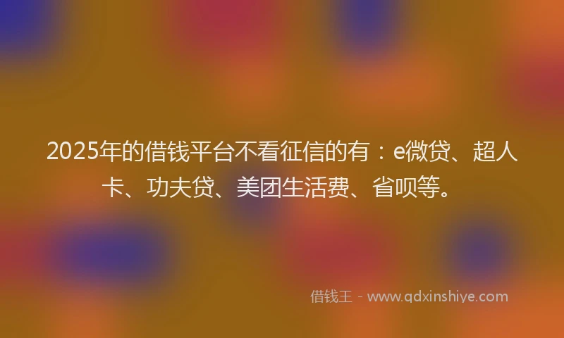 2025年的借钱平台不看征信的有：e微贷、超人卡、功夫贷、美团生活费、省呗等。