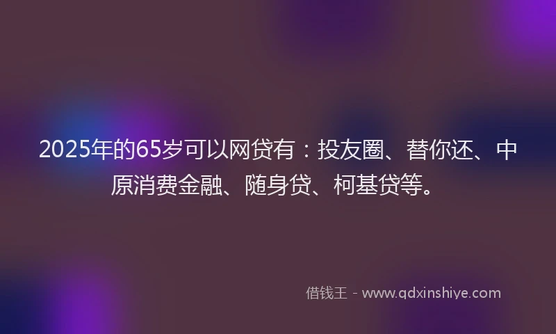2025年的65岁可以网贷有：投友圈、替你还、中原消费金融、随身贷、柯基贷等。
