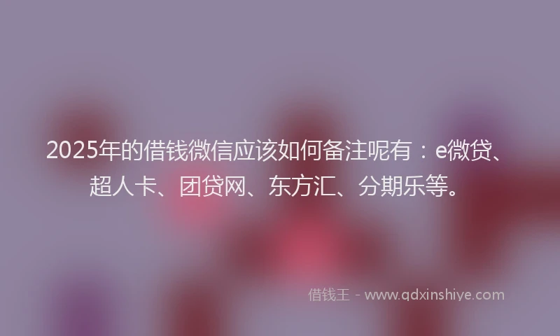 2025年的借钱微信应该如何备注呢有：e微贷、超人卡、团贷网、东方汇、分期乐等。