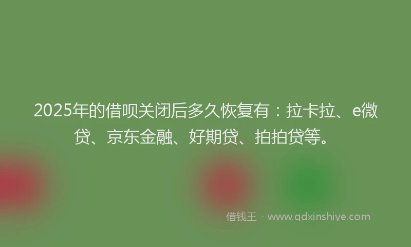 2025年的借呗关闭后多久恢复有：拉卡拉、e微贷、京东金融、好期贷、拍拍贷等。