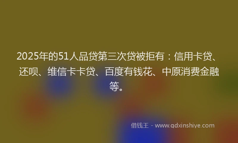 2025年的51人品贷第三次贷被拒有：信用卡贷、还呗、维信卡卡贷、百度有钱花、中原消费金融等。