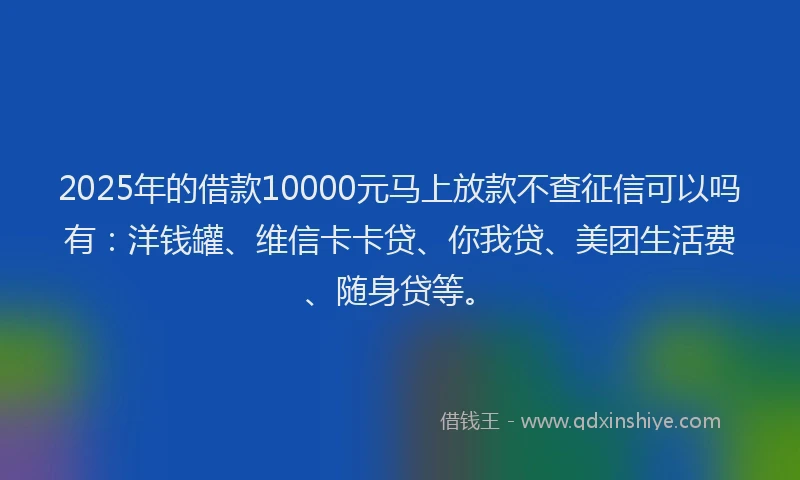 2025年的借款10000元马上放款不查征信可以吗有：洋钱罐、维信卡卡贷、你我贷、美团生活费、随身贷等。